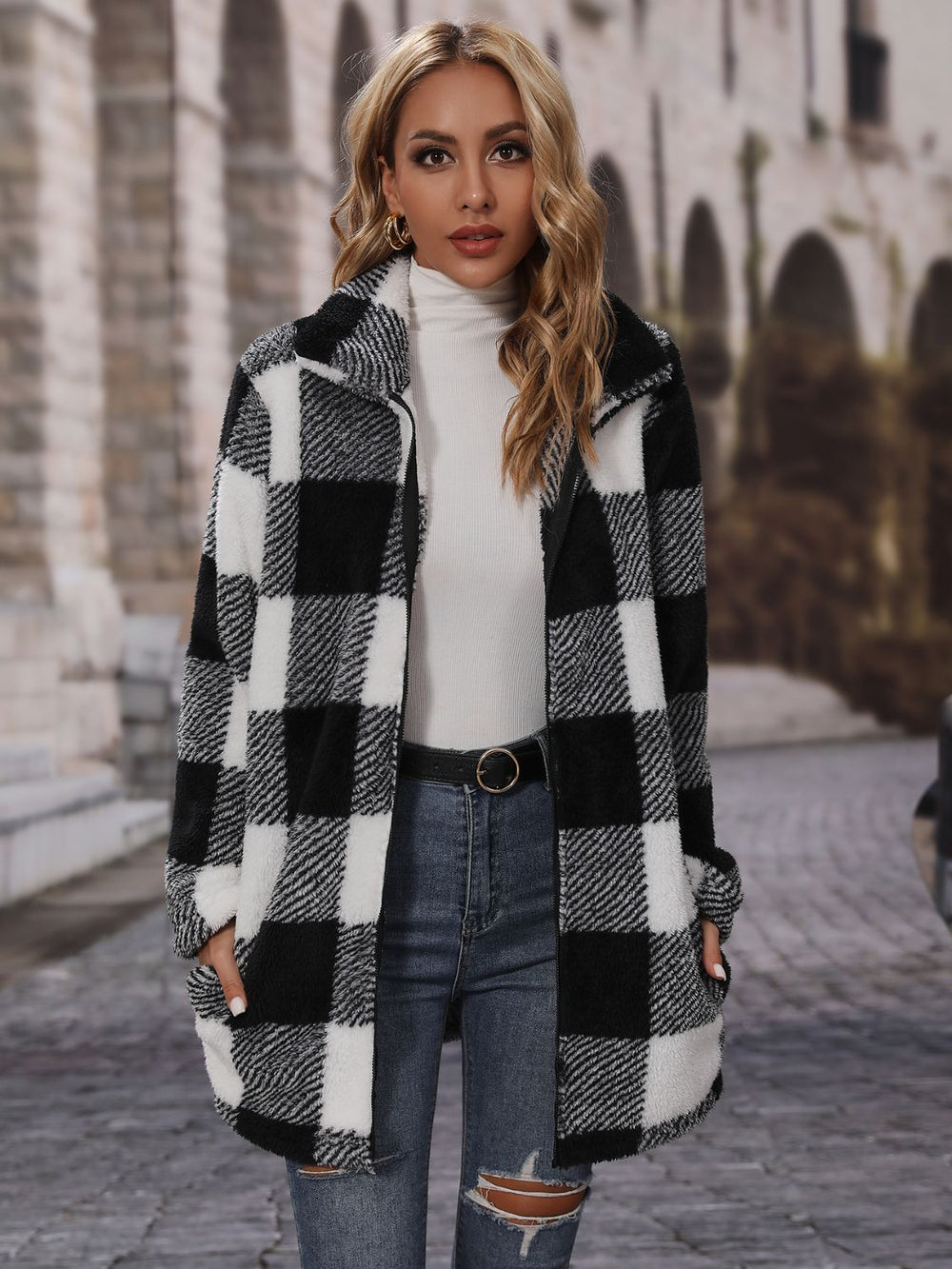 Plaid Collared Neck Coat with Pockets - felvior