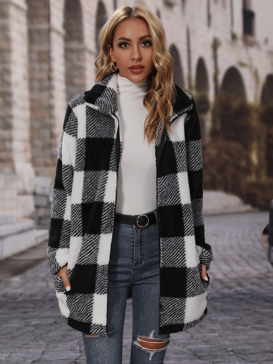 Plaid Collared Neck Coat with Pockets - felvior