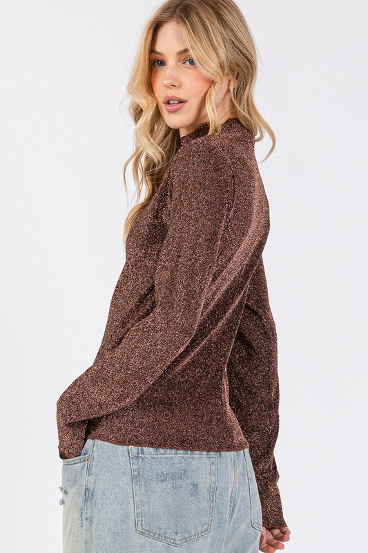 SAGE + FIG Glitter Mock Neck Lettuce Hem Long Sleeve Top - felvior