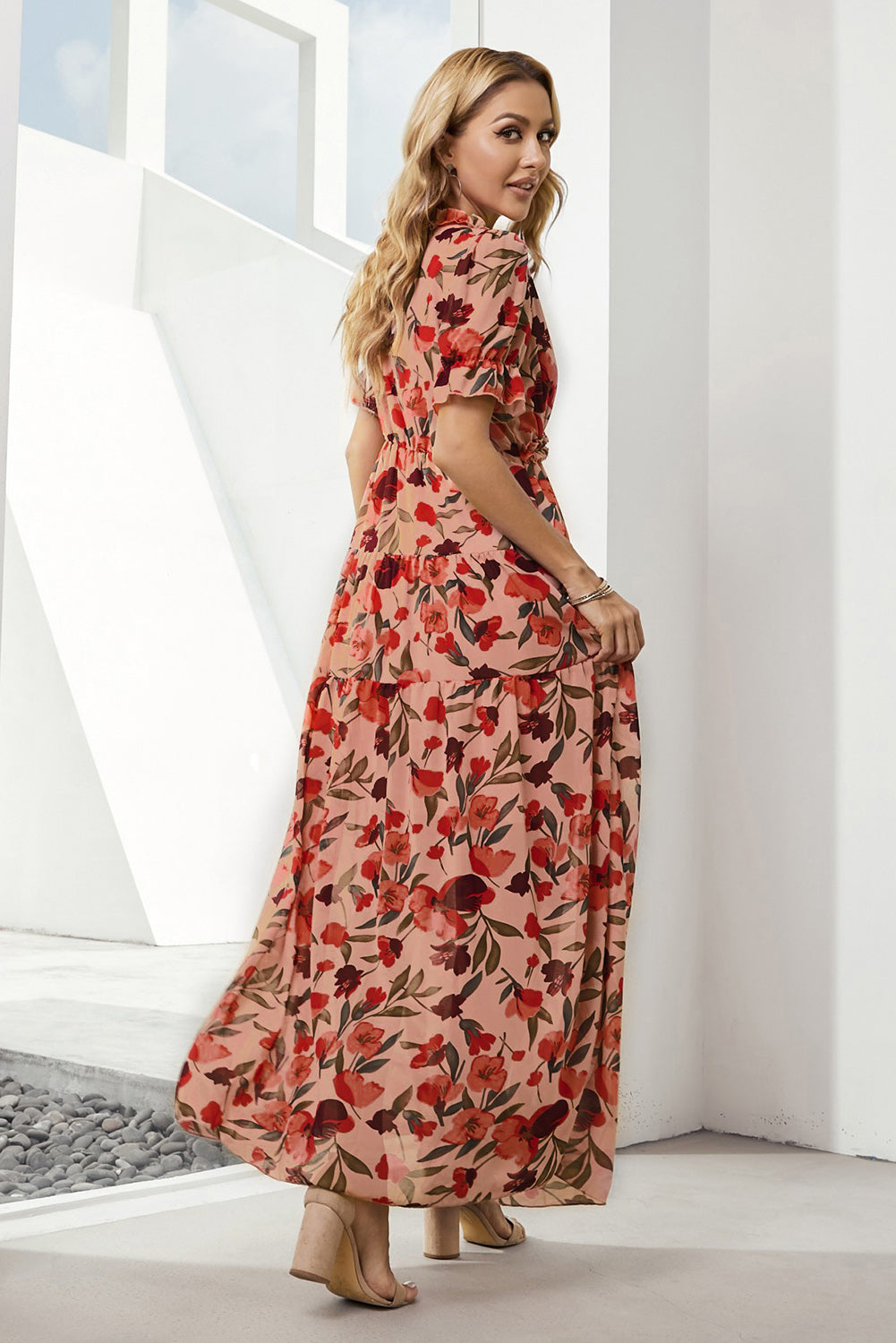 Floral V-Neck Short Flounce Sleeve Dress - felvior