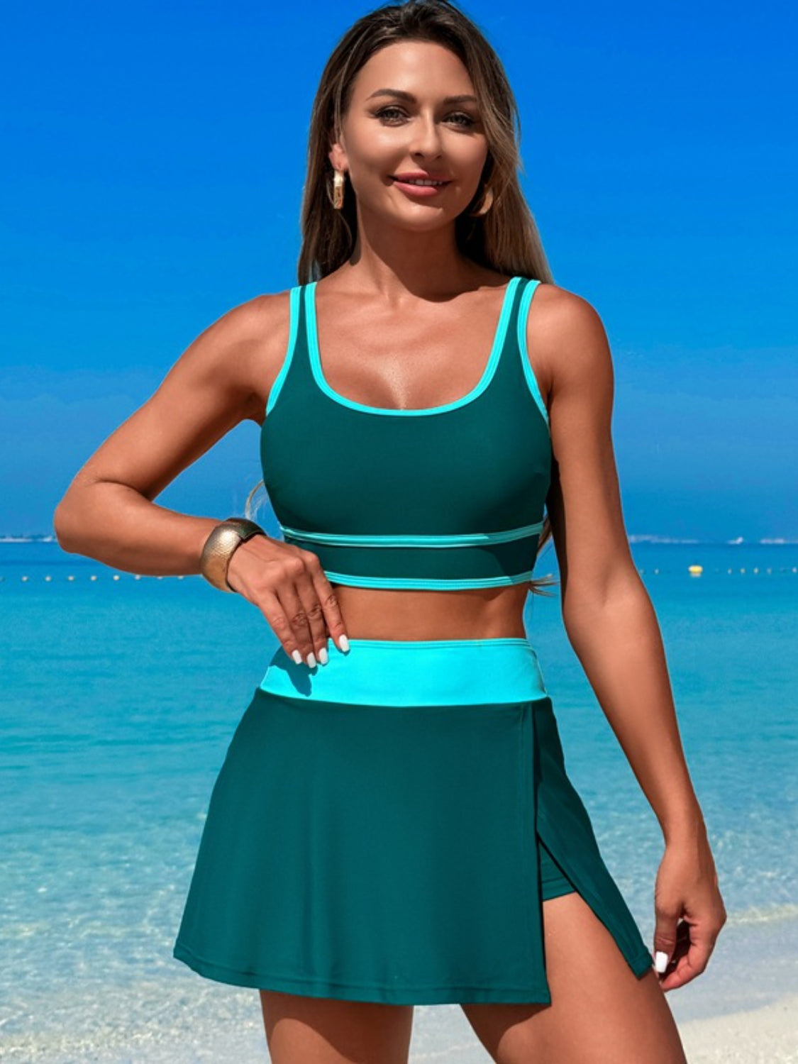 Scoop Neck Top and Skort Swim Set - felvior