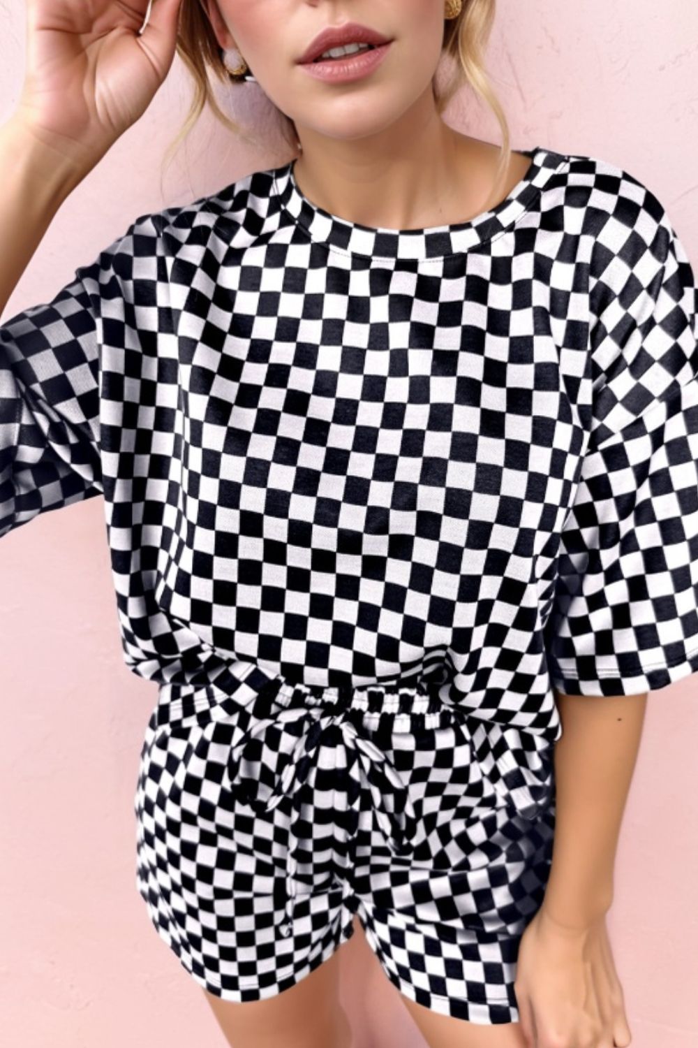 Checkered Round Neck Top and Shorts Set