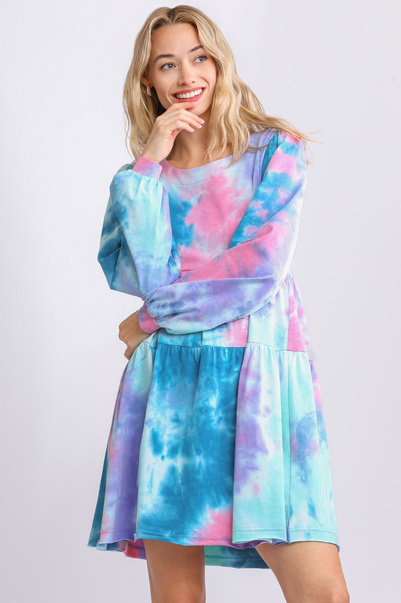 Umgee Full Size Tie Dye Round Neck Long Sleeve Babydoll Tiered Dress Plus Size Main image