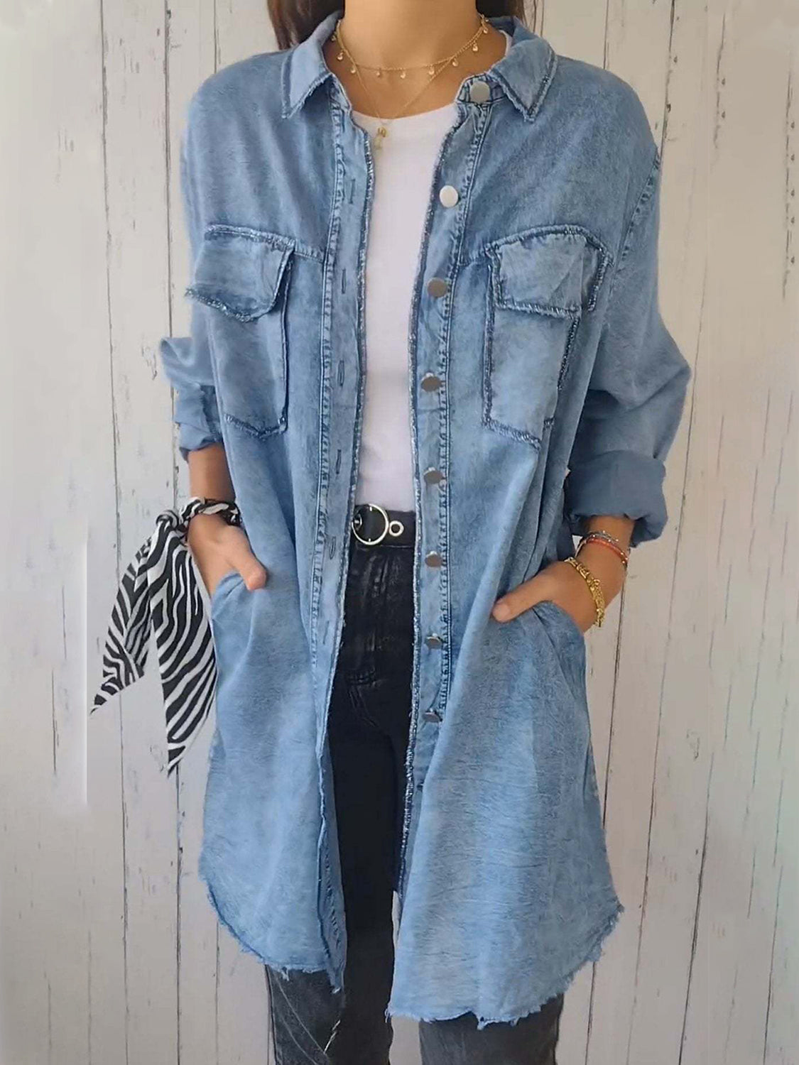 Full Size Raw Hem Button Up Long Sleeve Denim Top Plus Size - felvior