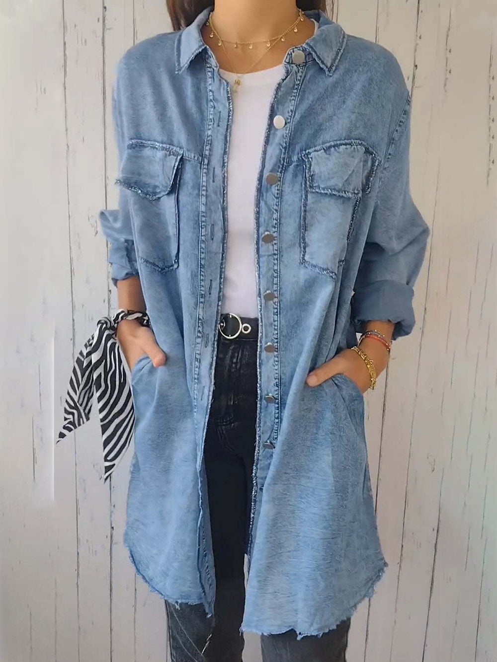 Full Size Raw Hem Button Up Long Sleeve Denim Top Plus Size - felvior