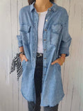 Full Size Raw Hem Button Up Long Sleeve Denim Top Plus Size - felvior