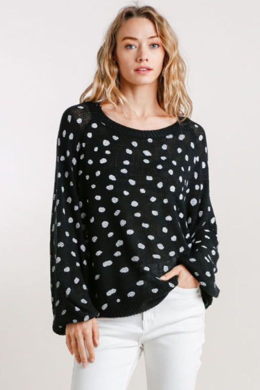 Umgee Full Size Dalmatian Hand Stamped Round Neck Sweater Plus Size - felvior