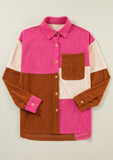 Color Block Curved Hem Corduroy Shacket with Pocket - felvior
