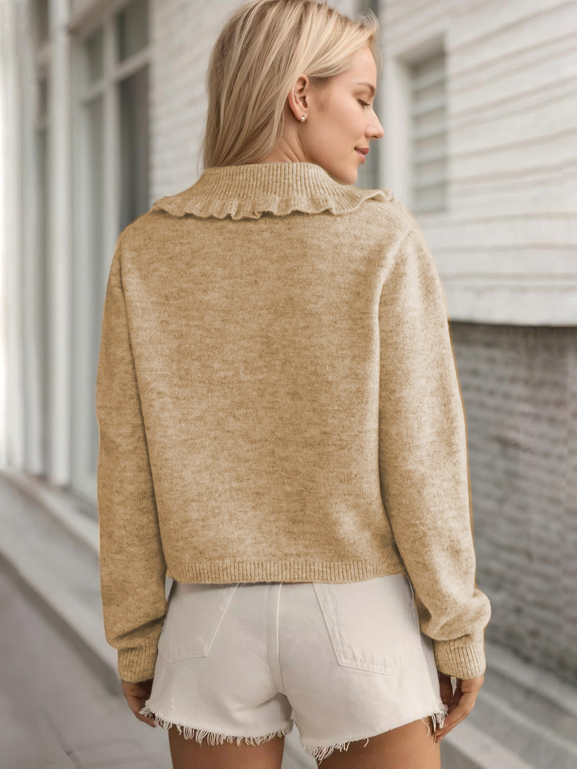 Frill Button Up Collared Neck Long Sleeve Cardigan - felvior