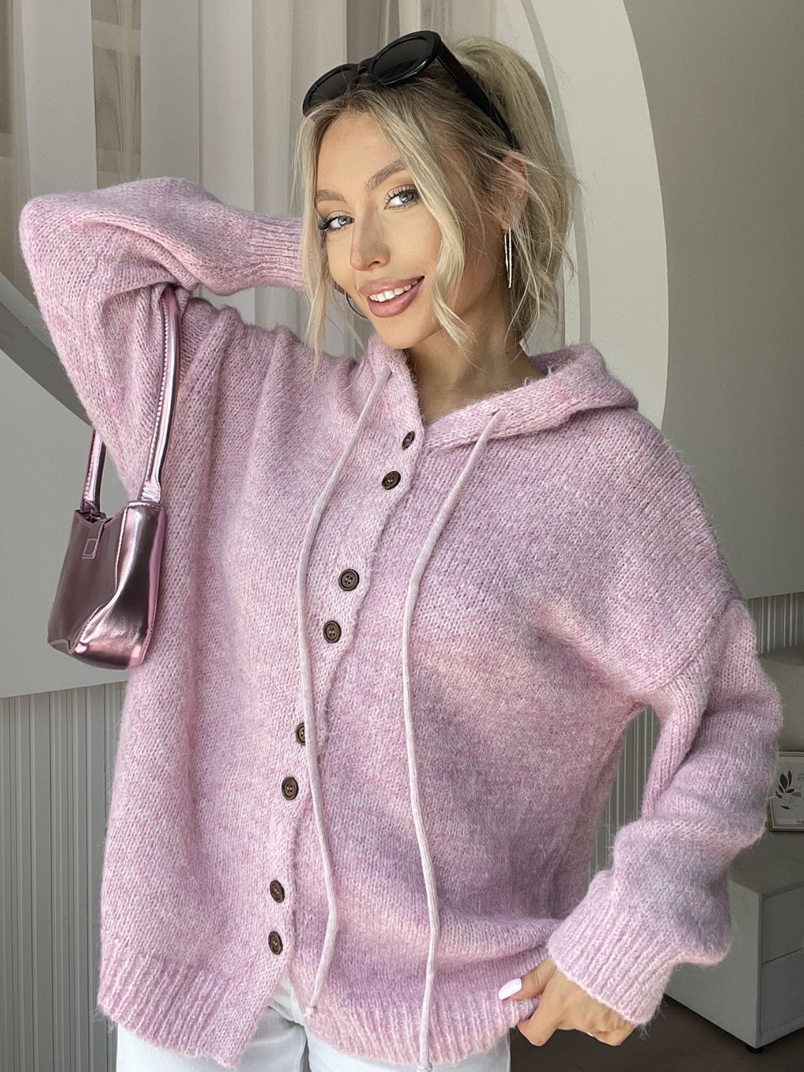 Drawstring Button Down Hooded Cardigan - felvior