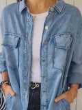 Full Size Raw Hem Button Up Long Sleeve Denim Top Plus Size - felvior