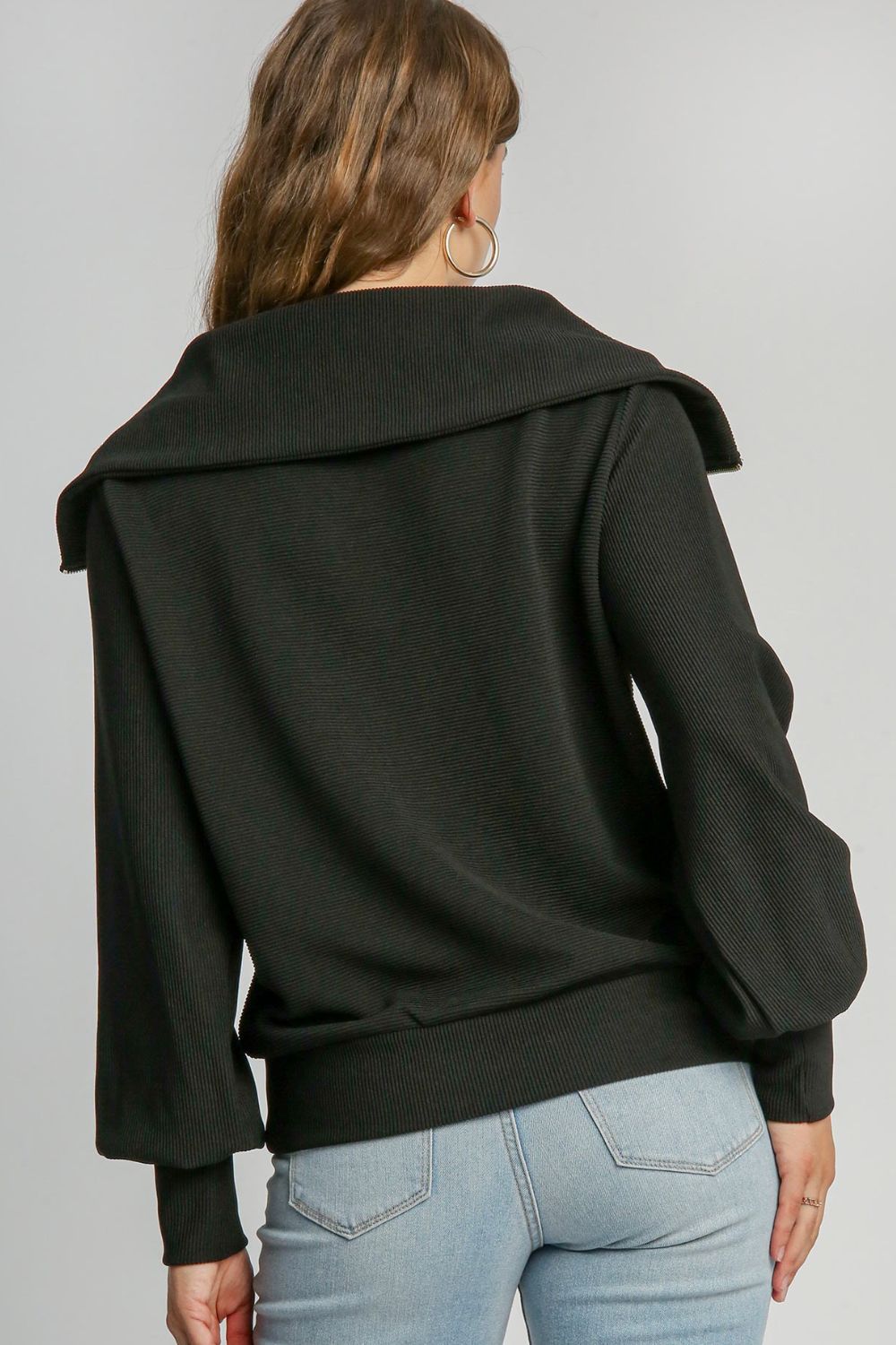 Umgee Full Size Ribbed Knit Half Zipper Sweatshirt Plus Size