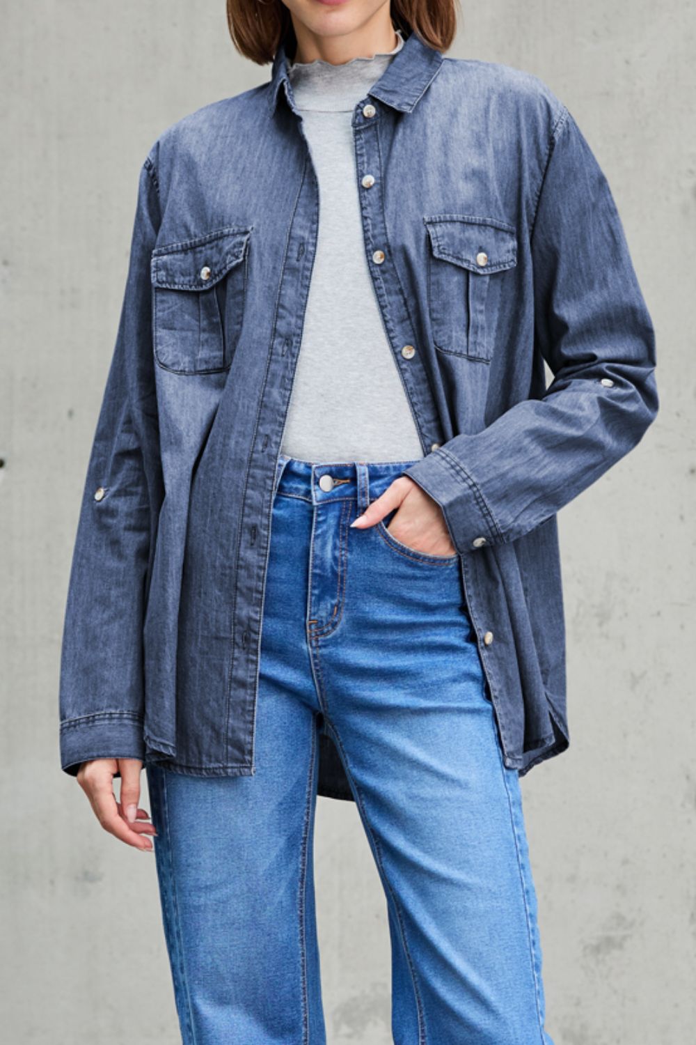 Pocketed Collared Neck Long Sleeve Denim Top - felvior