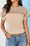 Lace Patchwork Waffle Short Sleeve Knit Top - felvior