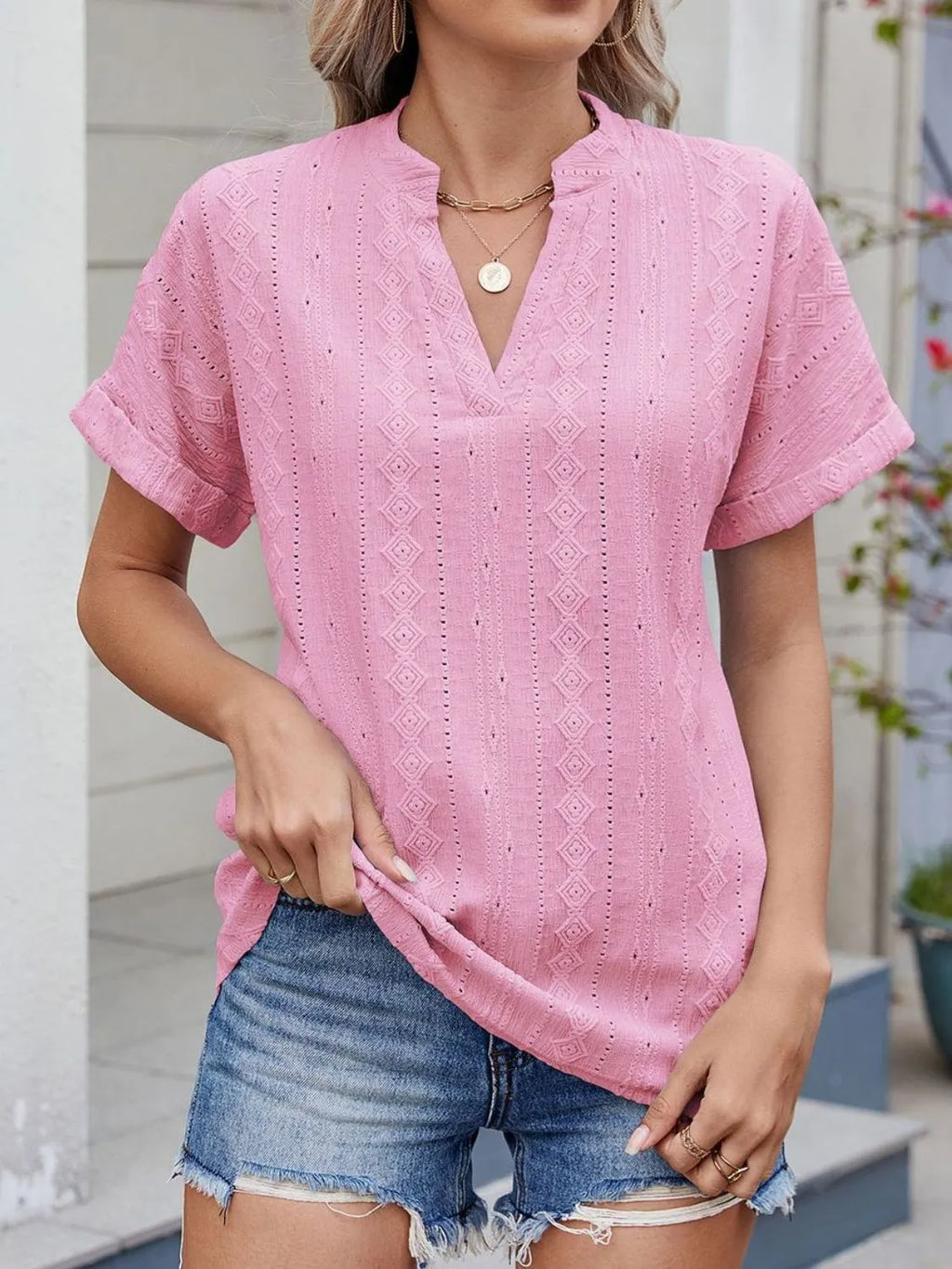 Eyelet Notched Short Sleeve Top