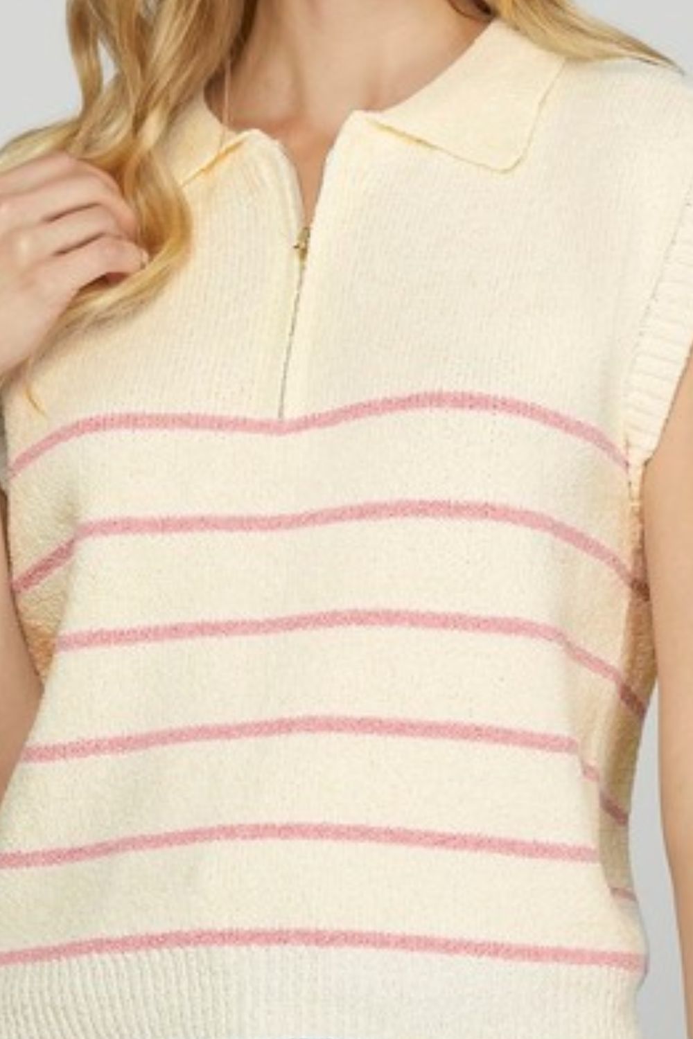 She + Sky Full Size Ribbed Hem Striped Half Zip Sweater Vest Plus Size