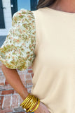 Floral Puff Sleeve Ribbed Blouse - felvior