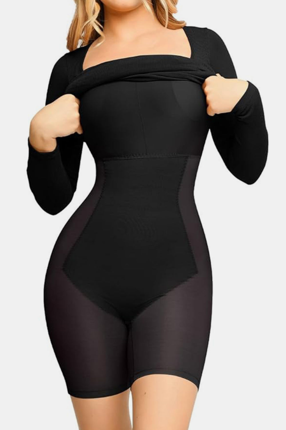 Basic Bae Full Size Built-In Shapewear Square Neck Long Sleeve Dress - felvior