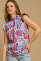 Umgee Full Size Floral Print Ruffled Cap Sleeve Blouse Plus Size