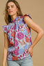 Umgee Full Size Floral Print Ruffled Cap Sleeve Blouse Plus Size
