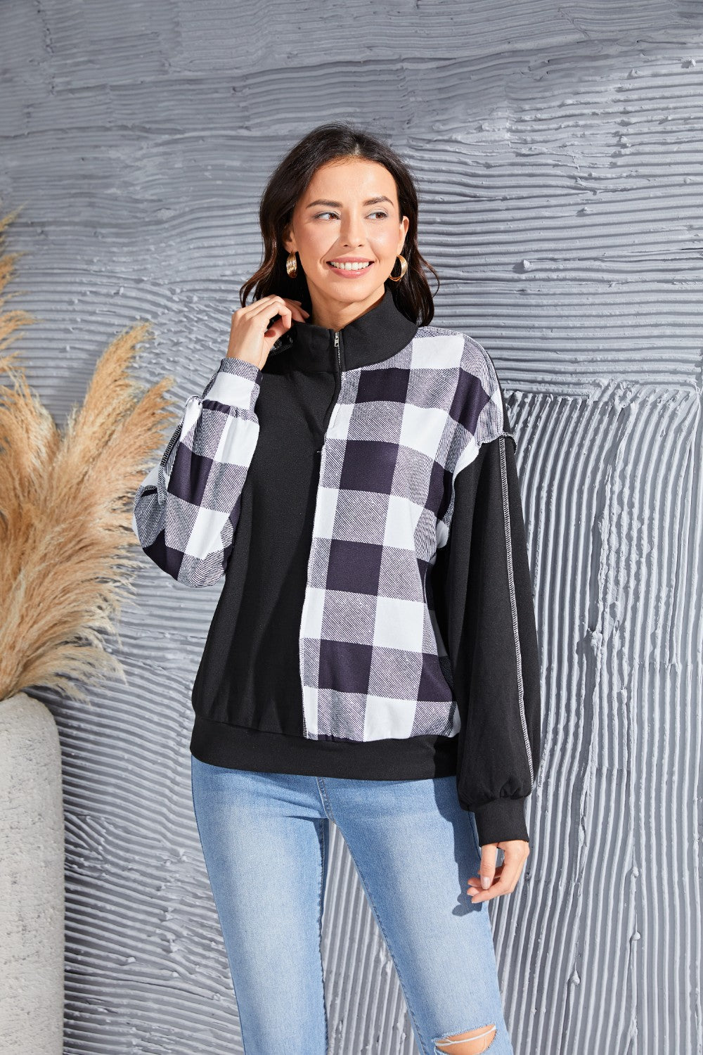 Plaid Exposed Seam Long Sleeve Blouse - felvior