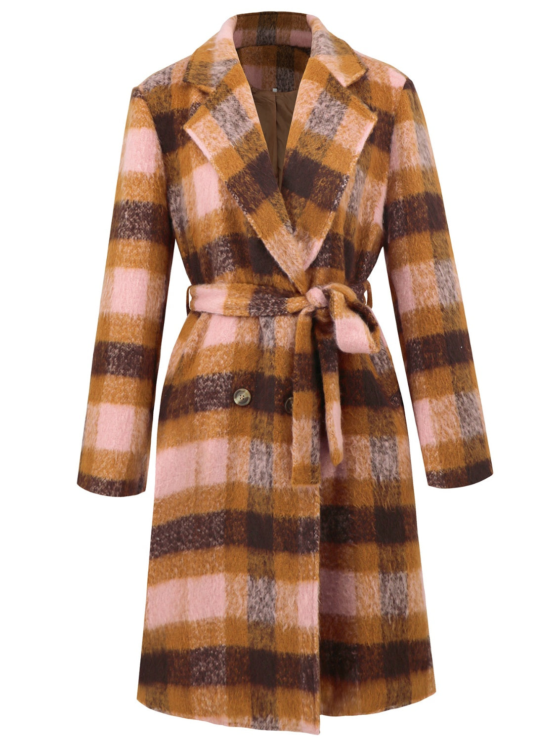 Tied Plaid Collared Neck Coat - felvior