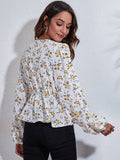 Floral V-Neck Balloon Sleeve Peplum Blouse - felvior