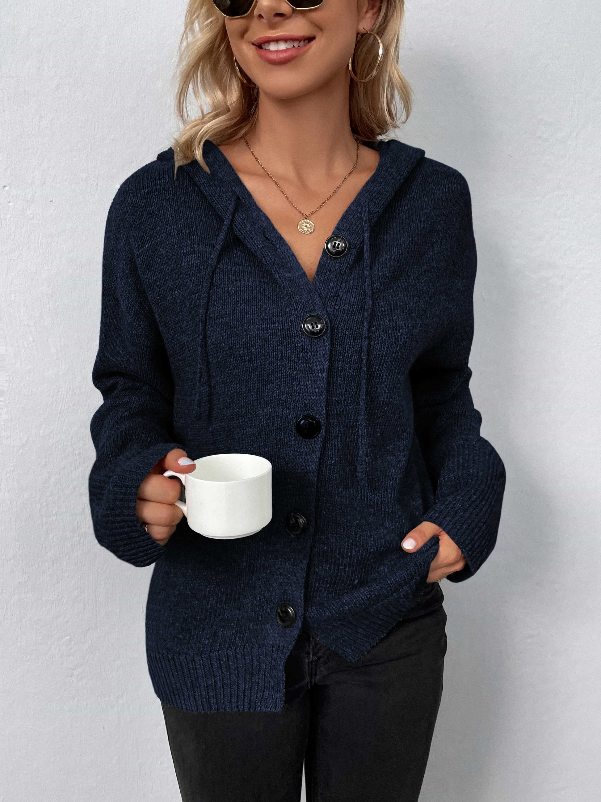 Button-Down Long Sleeve Hooded Sweater - felvior