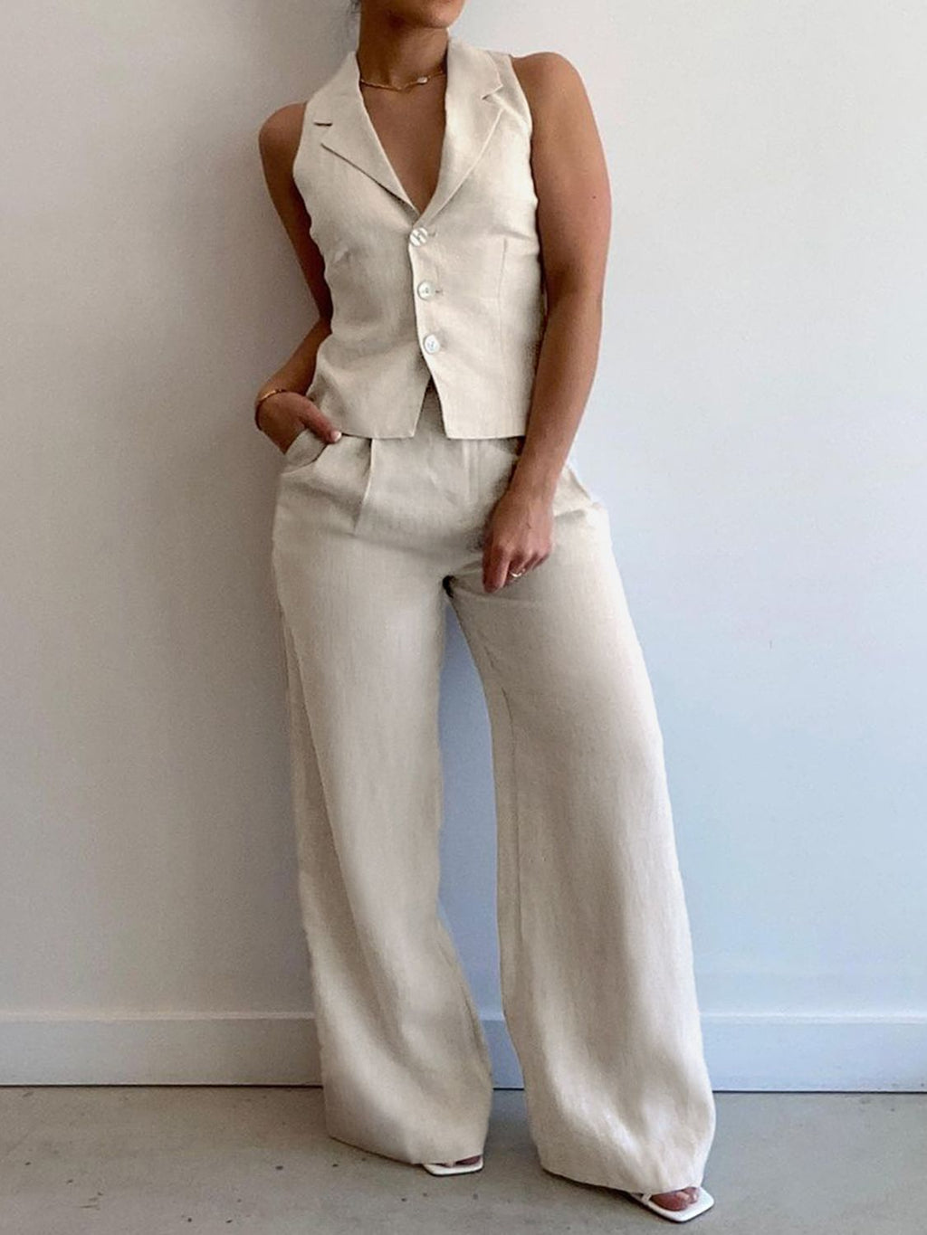 Devine Lapel Collar Sleeveless Top and Pants Set