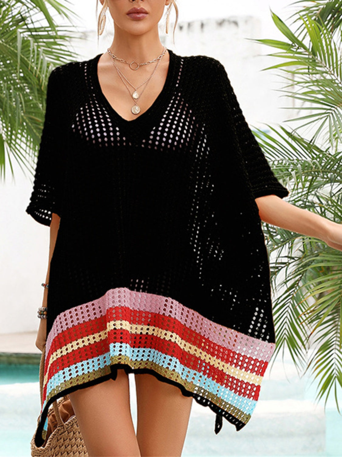 Slit Openwork V-Neck Half Sleeve Cover-Up - felvior