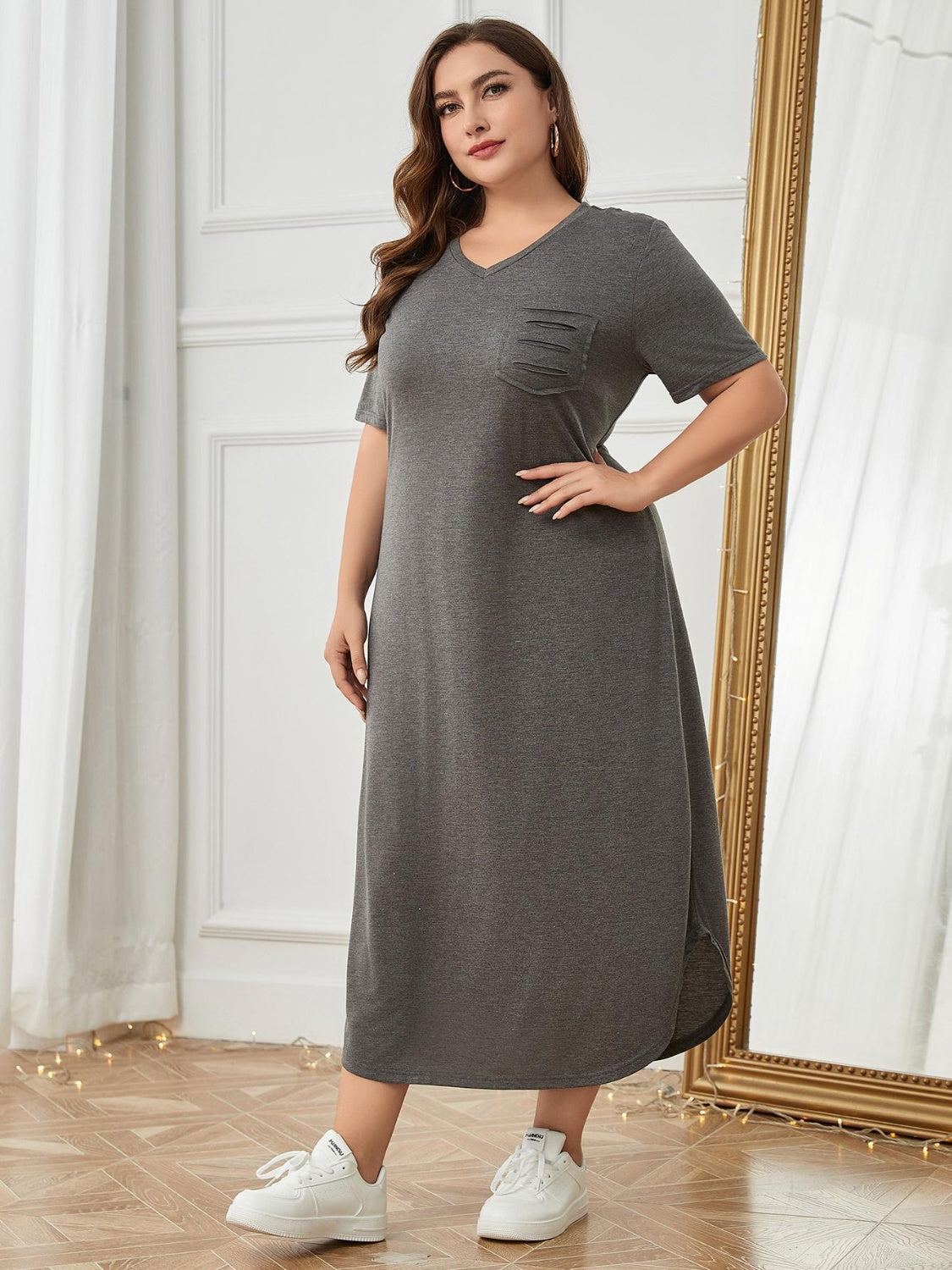 Plus Size Pocketed V-Neck Short Sleeve Lounge Dress - felvior