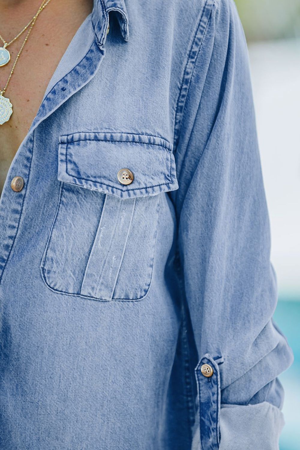 Pocketed Collared Neck Long Sleeve Denim Top - felvior