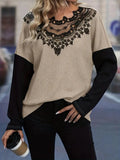 Contrast Lace Round Neck Long Sleeve T-Shirt