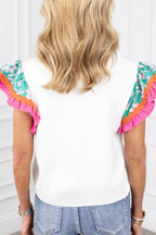 Ruffled Round Neck Cap Sleeve Top