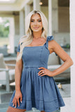 Square Neck Tie Shoulder Denim Dress - felvior