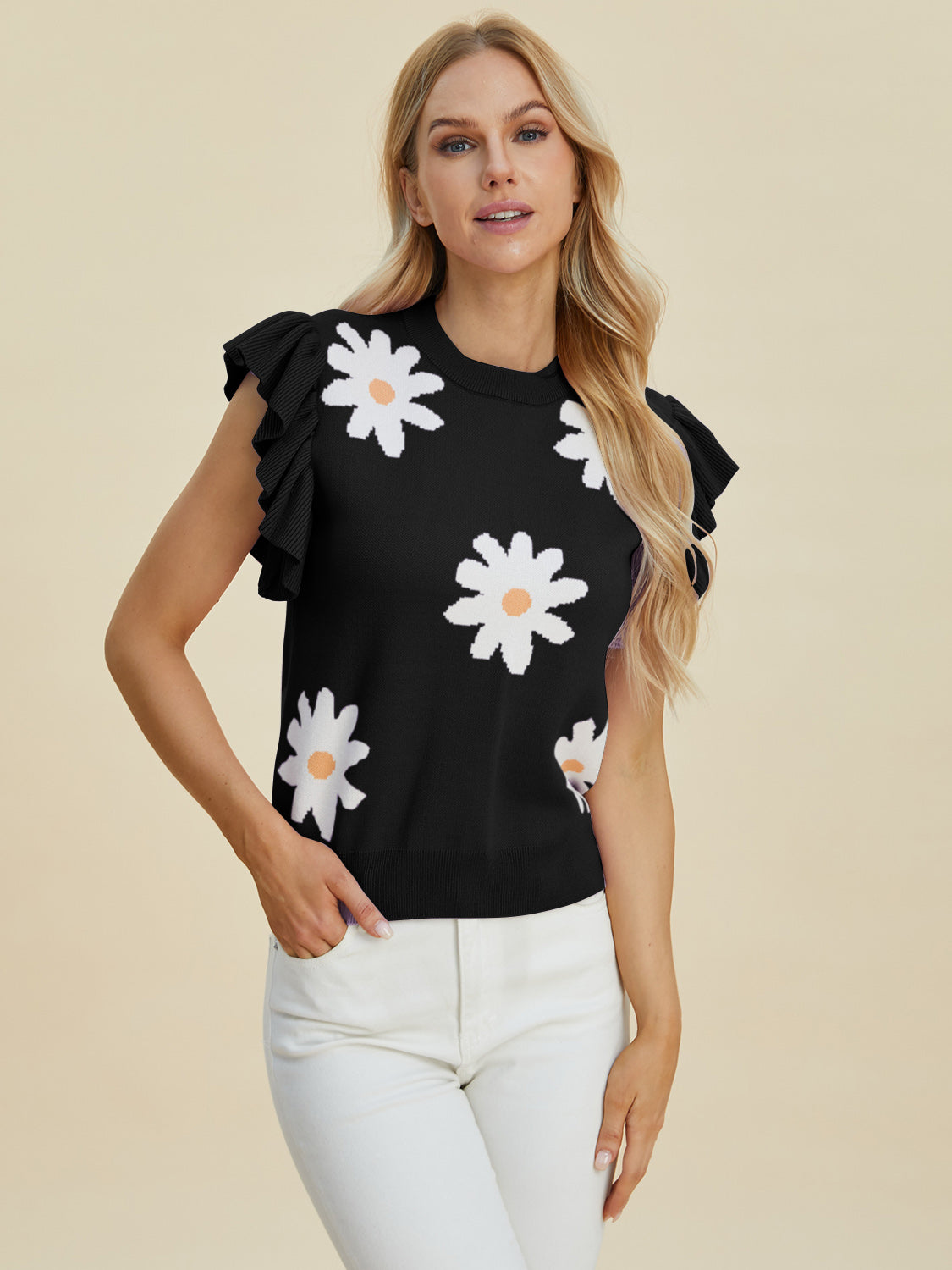Double Take Full Size Ruffled Flower Round Neck Cap Sleeve Sweater - felvior