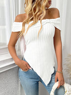 Ribbed Off-Shoulder Asymmetrical Hem T-Shirt