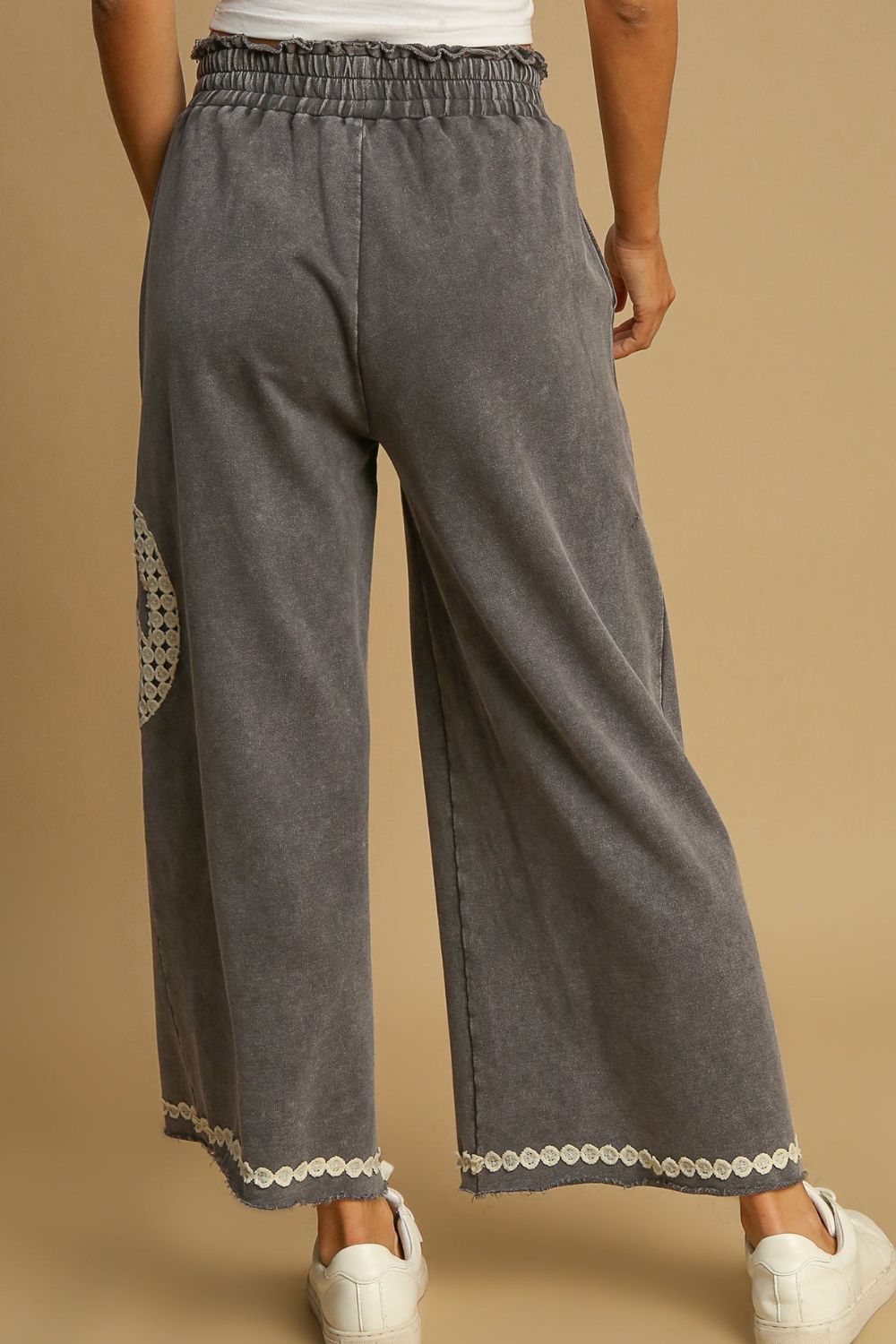 Umgee Full Size Peace Lace Applique Mineral Wash Wide Leg Pants Plus Size - felvior