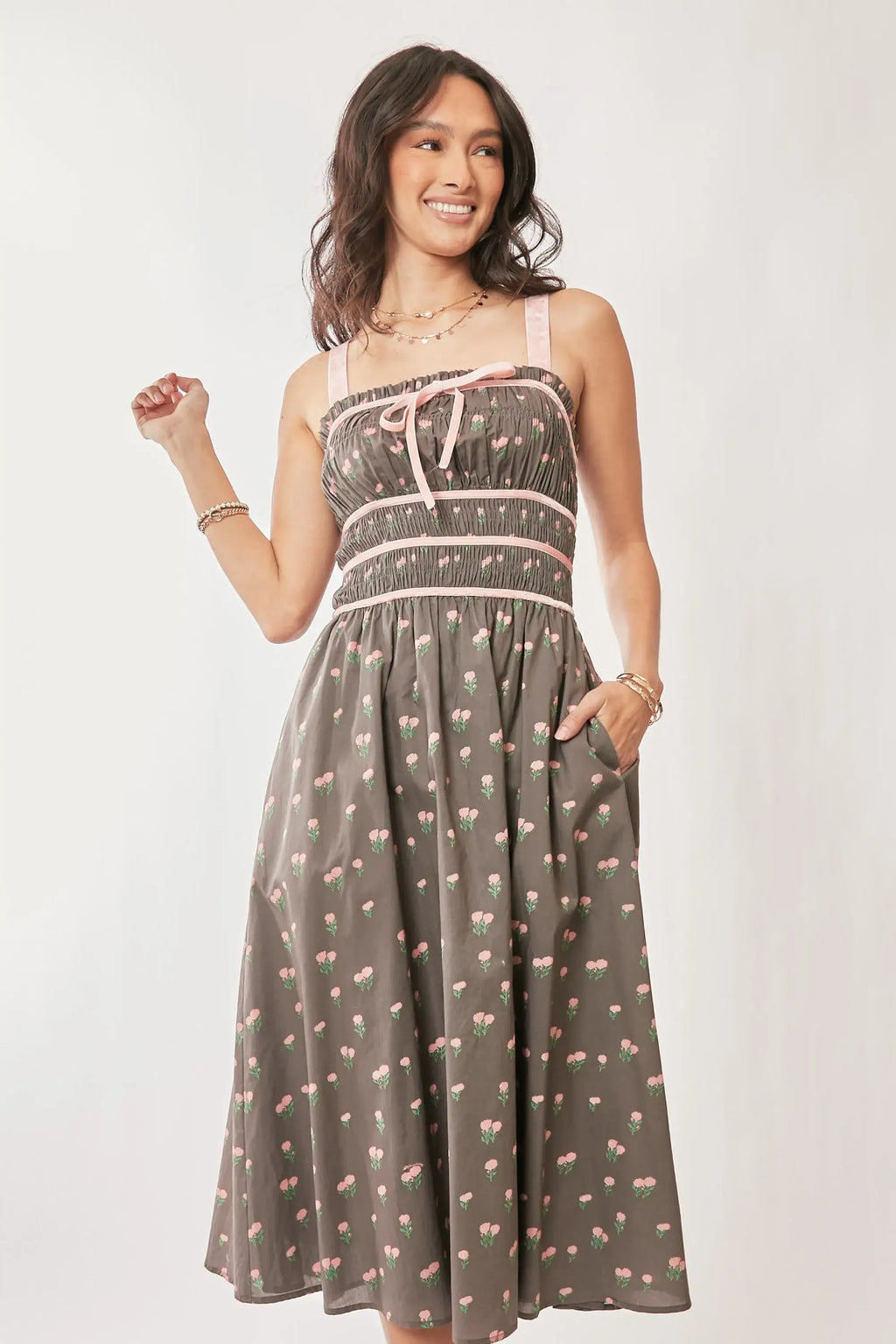 Davi & Dani Contrast Velvet Tape Smocking Bodice Midi Dress