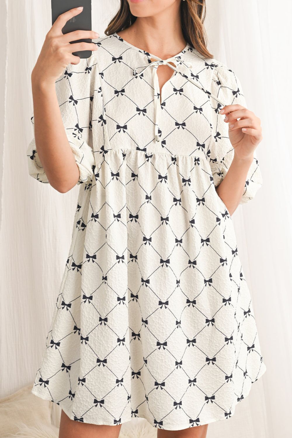 Bow Print Tie Neck Half Sleeve Dress - felvior