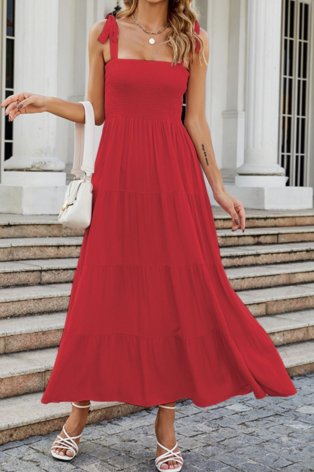 Tie-Shoulder Smocked Tiered Dress - felvior