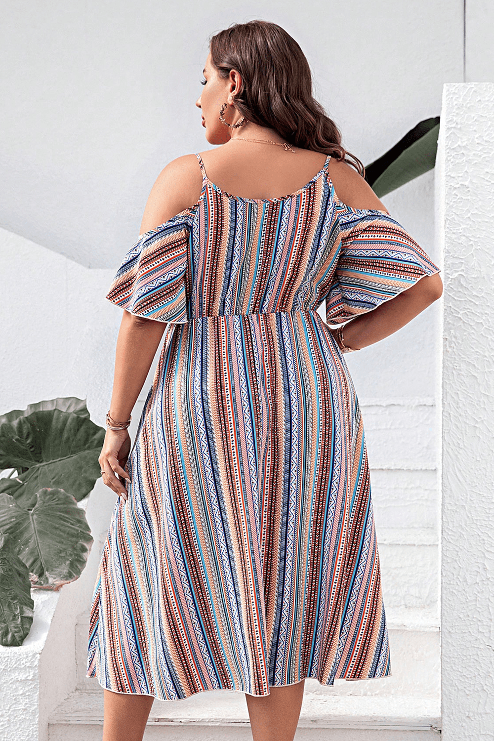 Plus Size Striped Cold-Shoulder Dress - felvior