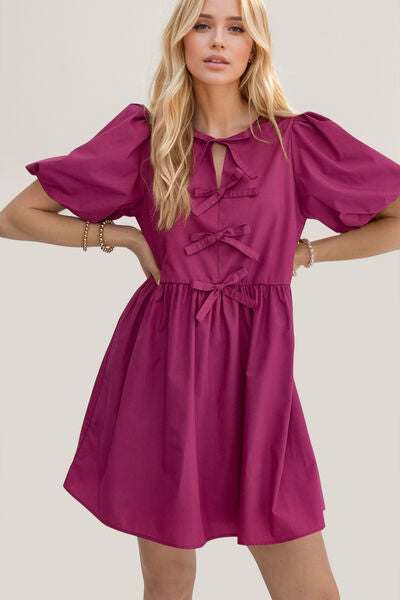 Oh Bow Ruched Puff Sleeve Mini Dress - felvior