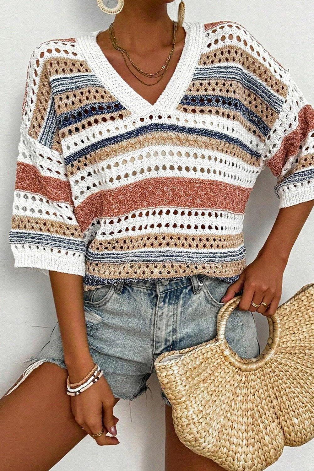 Striped Hollow Out Half Sleeve Knit Top - felvior