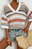 Striped Hollow Out Half Sleeve Knit Top - felvior