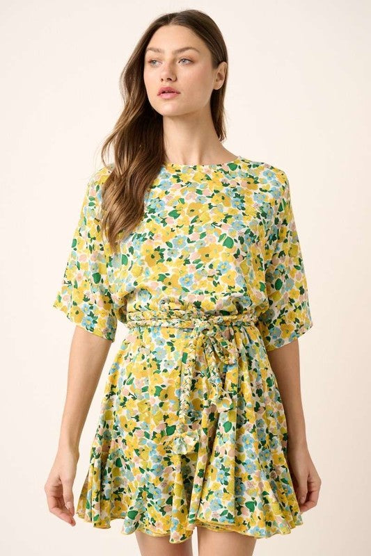 Mittoshop Floral Tie Waist Half Sleeve Mini Dress - felvior
