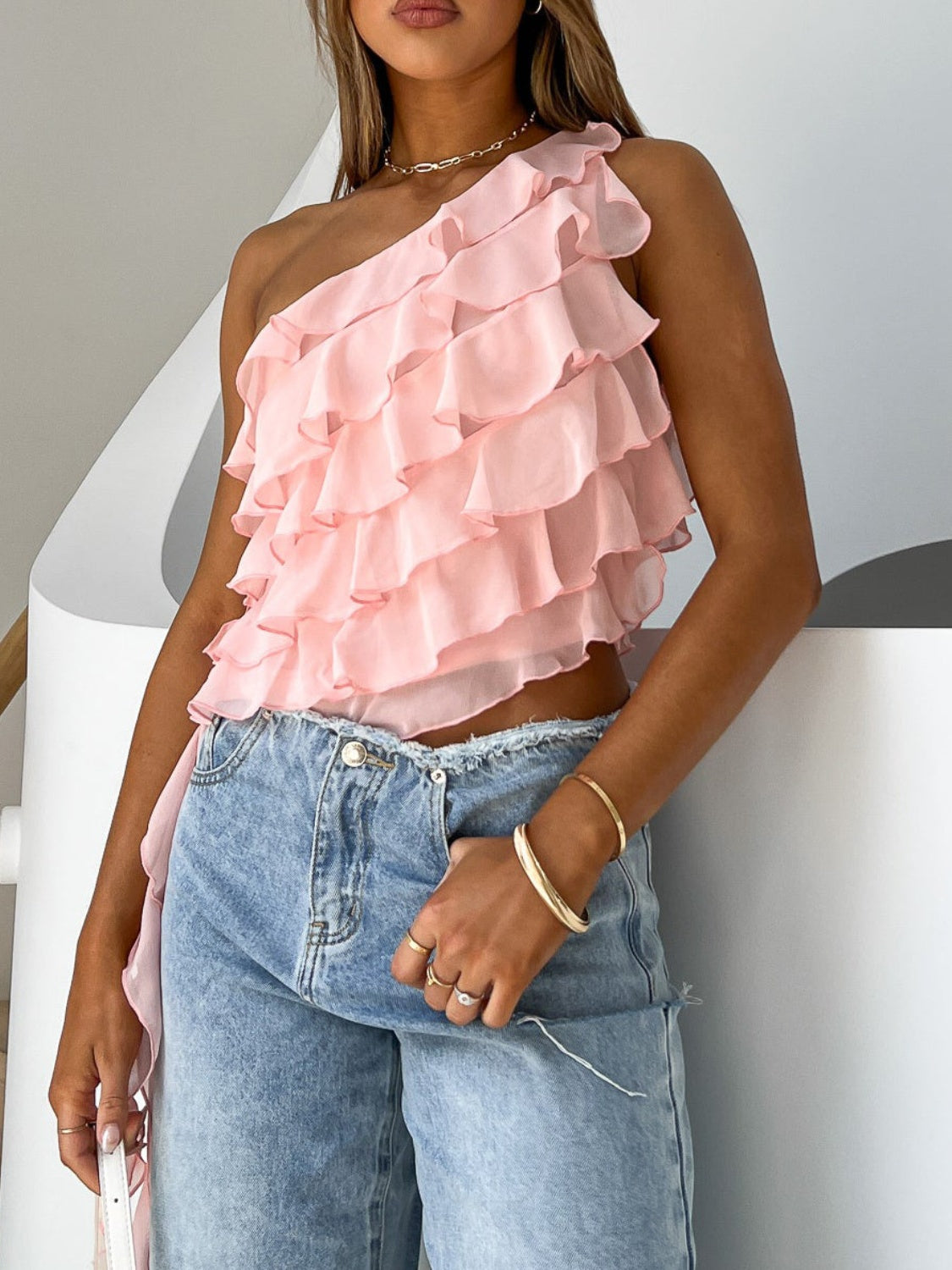 Layered Ruffled One Shoulder Tank - felvior