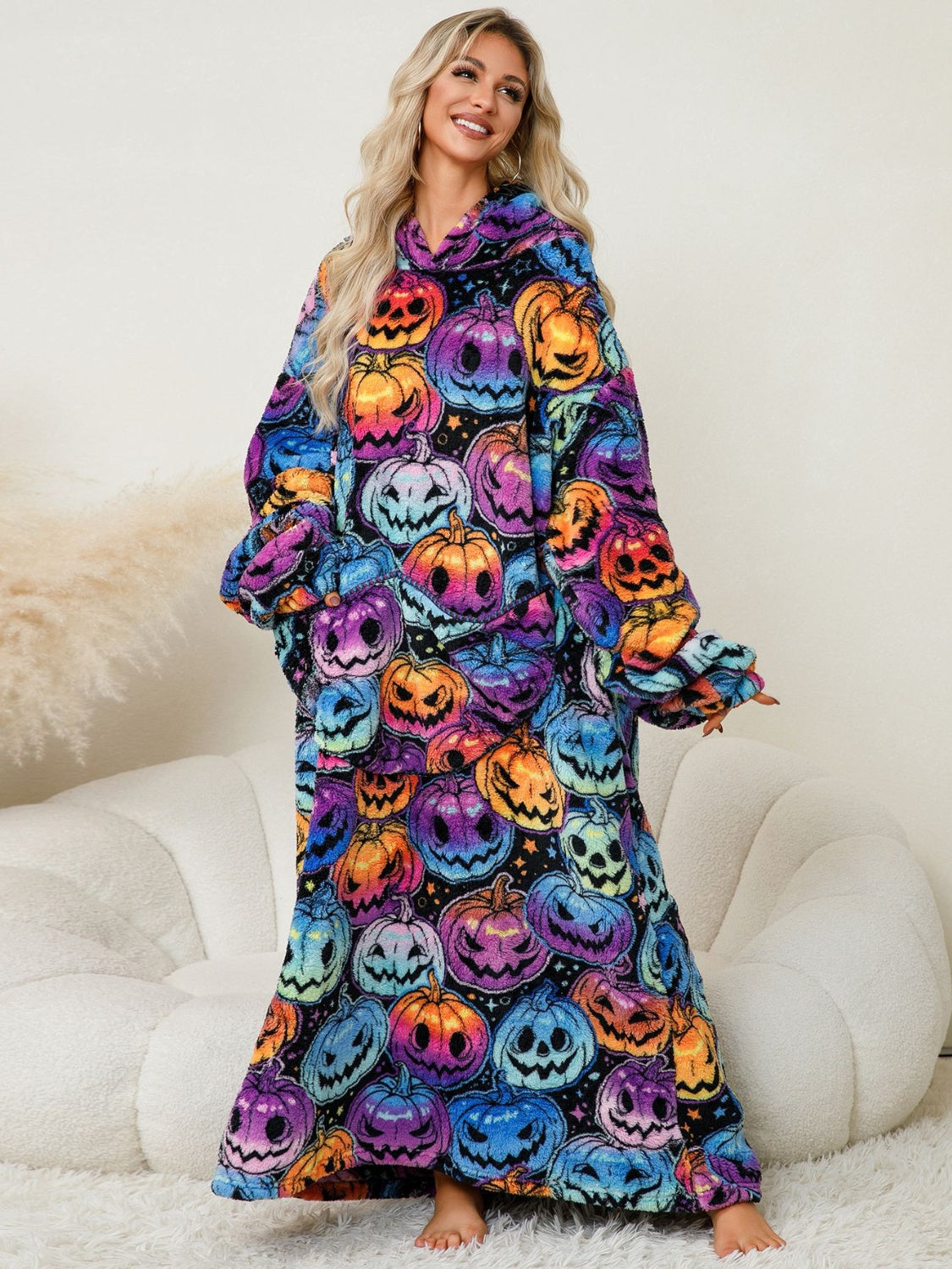 Fuzzy Pocketed Long Sleeve Hooded Lounge Dress - felvior