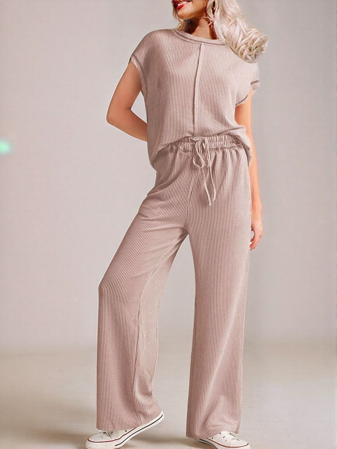 Ribbed Exposed Seam Top and Pants Set - felvior