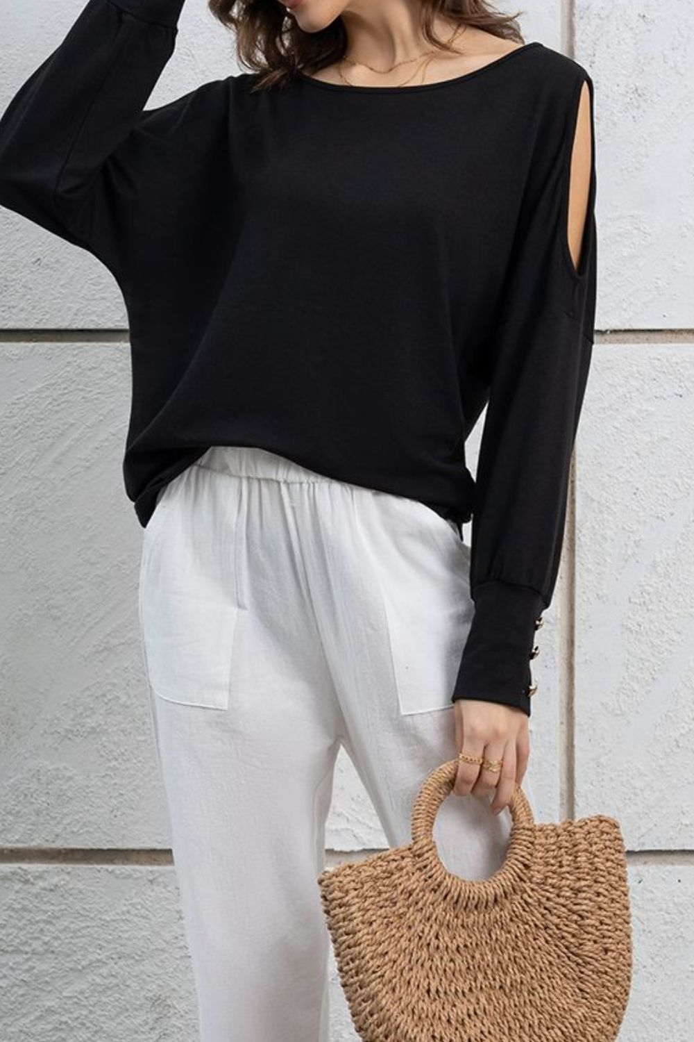 Cutout Round Neck Long Sleeve Top - felvior